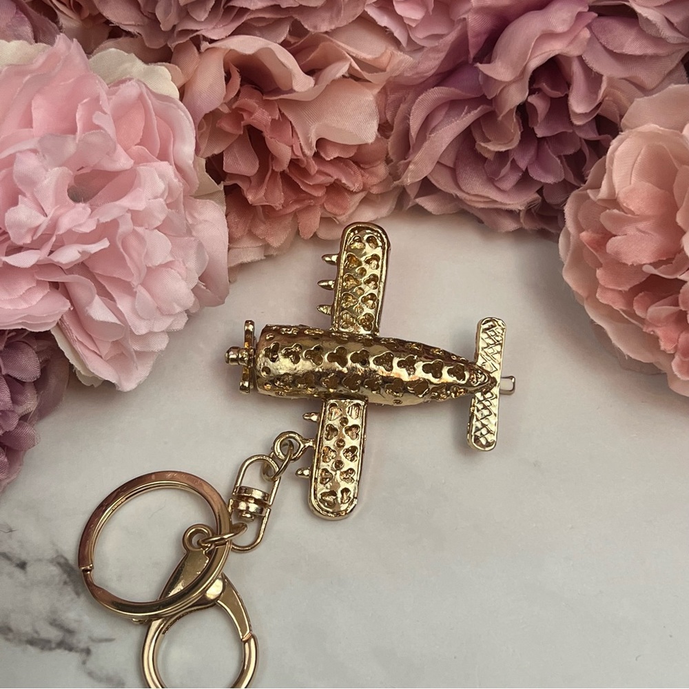Whimsical Pink & Gold Crystal Airplane Keychain Charm - Picture 11 of 16